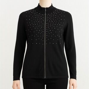 Belldini Cardigan Sweater Womens Large Black Rhinestone‎ Zipper Bling Full Zip